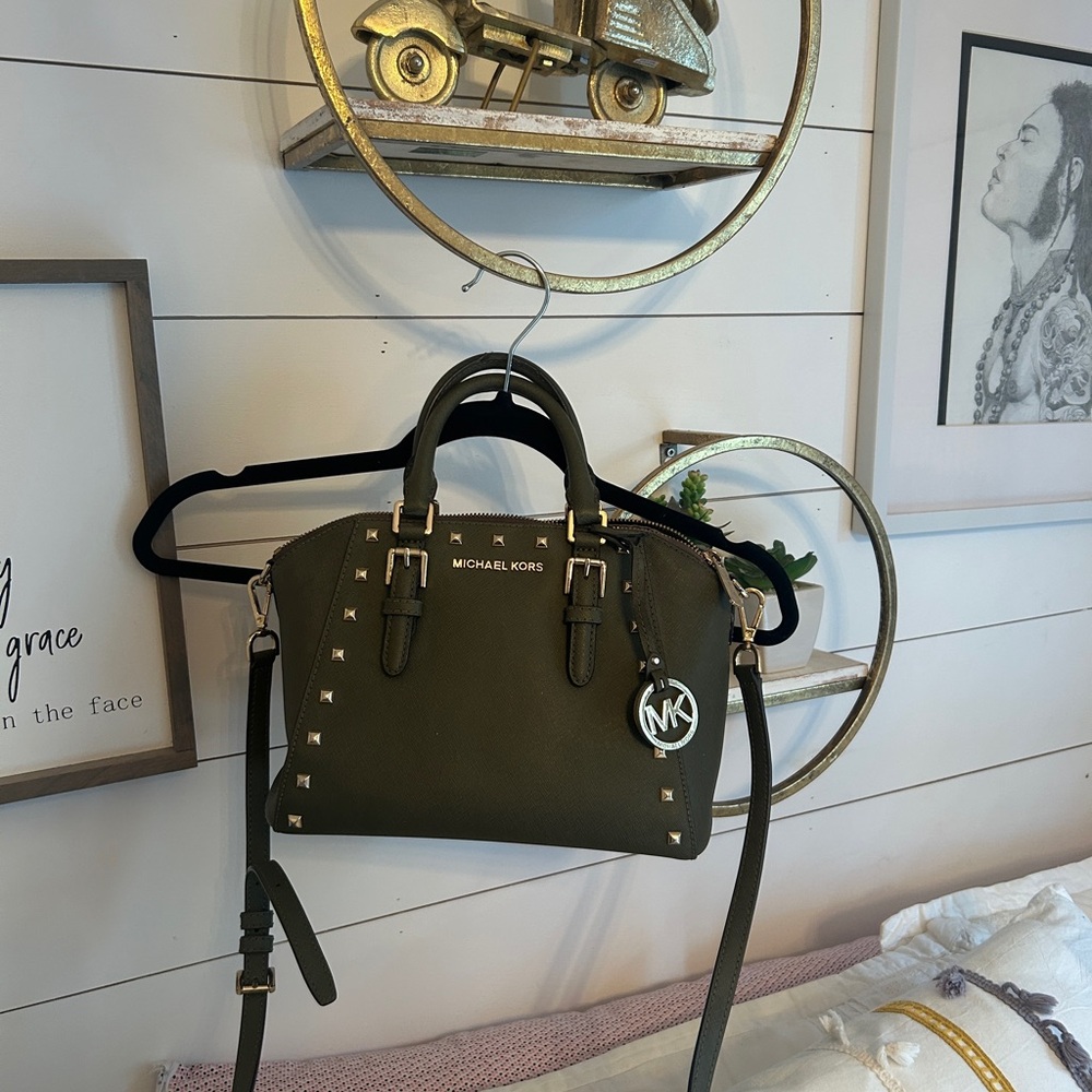 Michael Kors Dark Green Studded Satchel